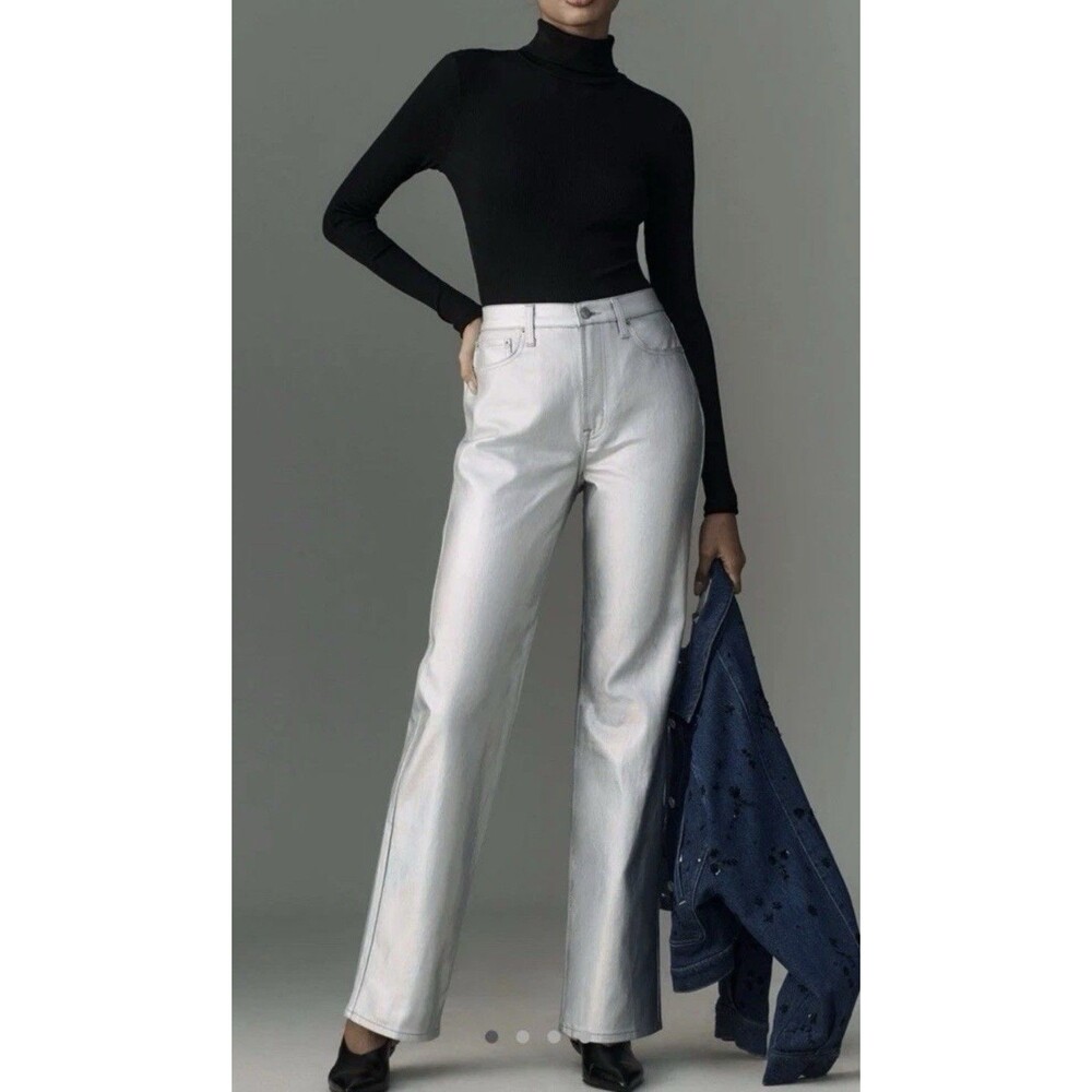 PISTOLA New Cassie High Rise Straight Jeans 28 Metallic Silver Coated Prism Pant